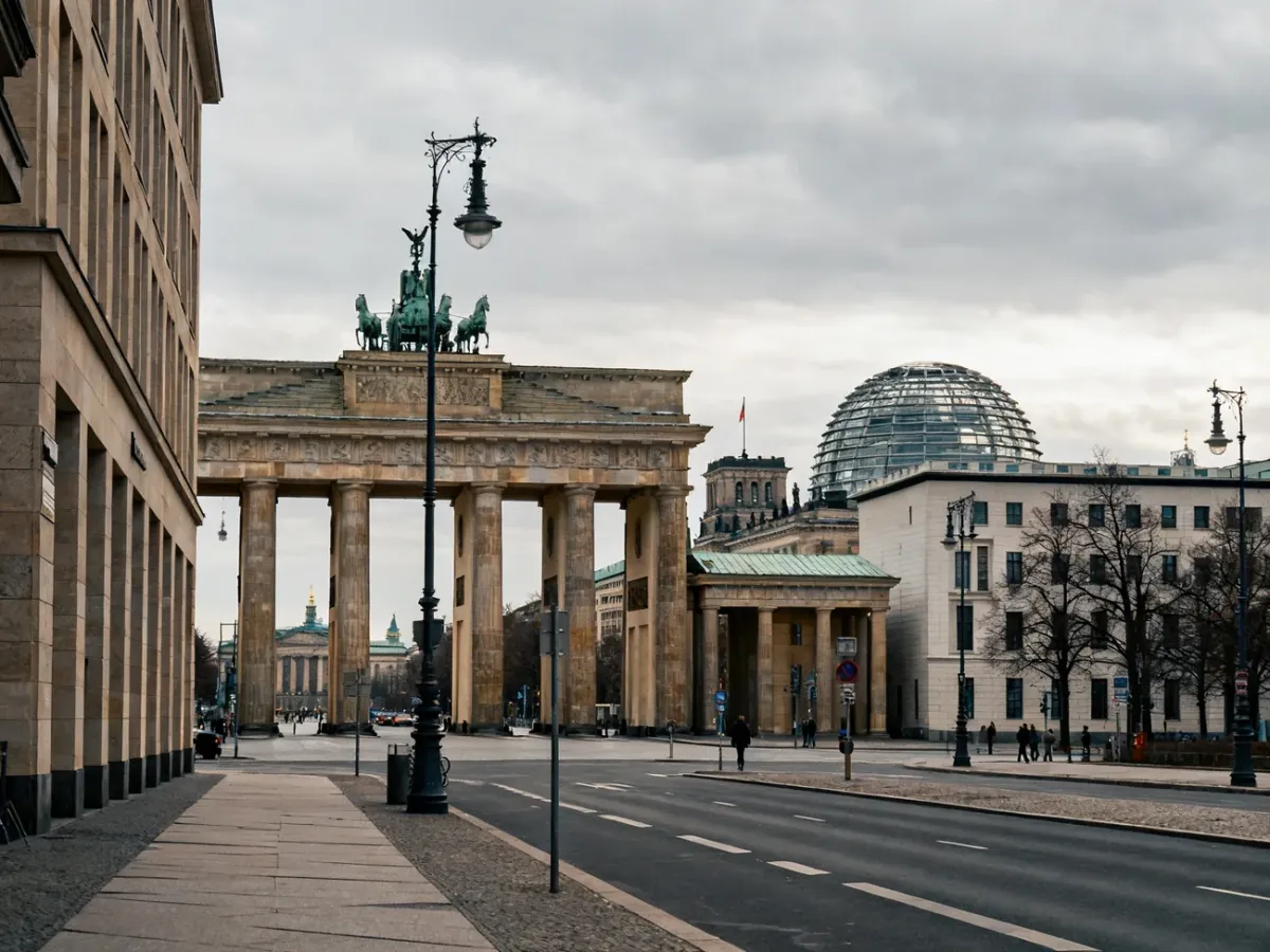 Panorama centrum Berlina z Bramą Brandenburską i kopułą Reichstagu