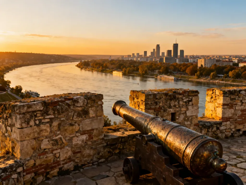 Widok na Twierdzę Kalemegdan, ujście Sawy do Dunaju oraz panoramę Belgradu w ciepłym świetle zachodzącego słońca.