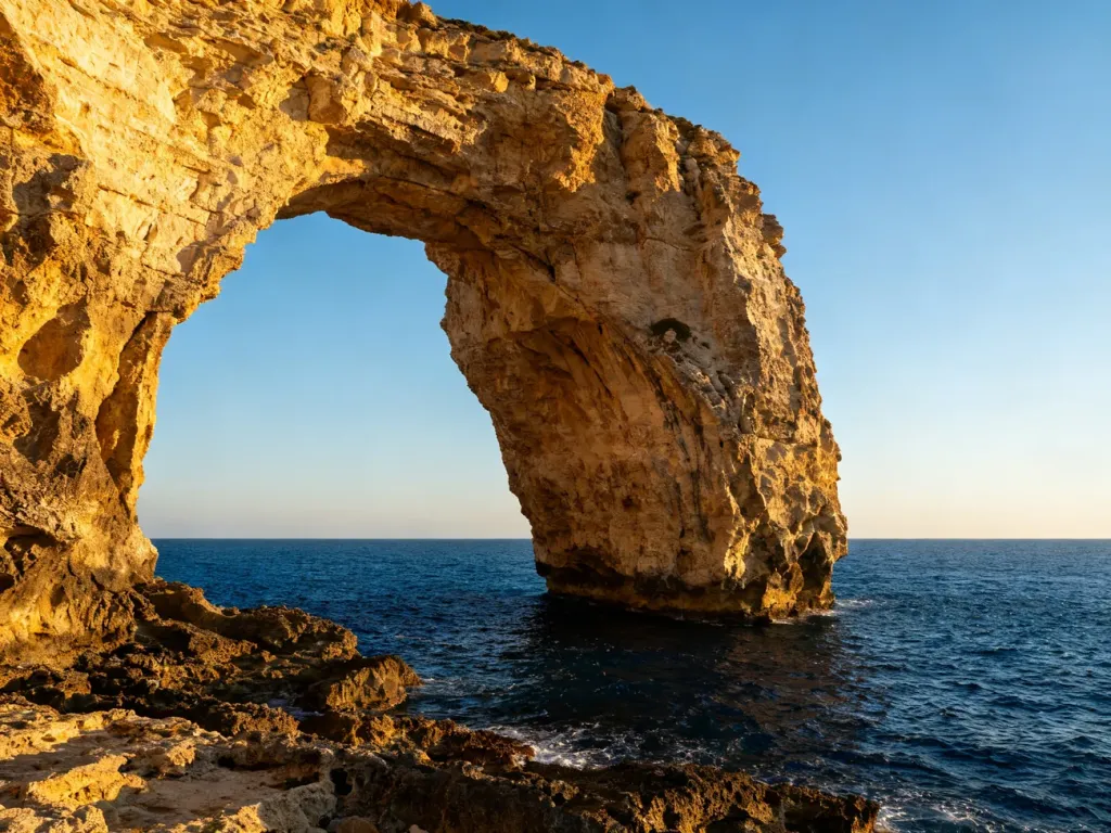 Skaliste wybrzeże Gozo z ruinami Azure Window w blasku zachodzącego słońca nad błękitnym Morzem Śródziemnym.
