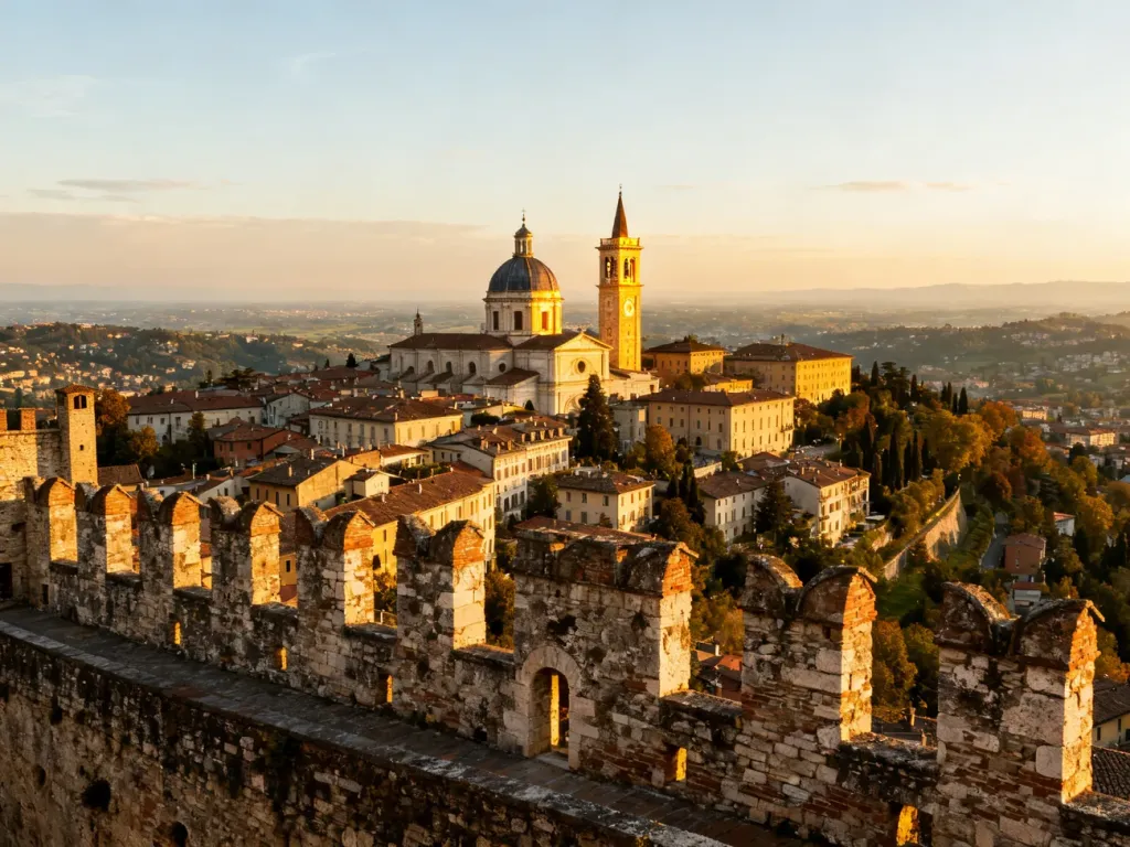 Panoramiczny widok na zabytkową dzielnicę Città Alta w Bergamo o zachodzie słońca, z widocznymi murami obronnymi.