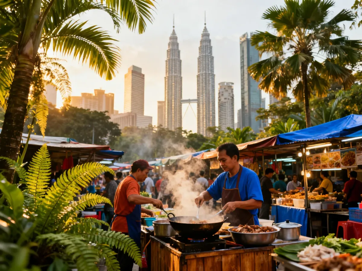 Kuala Lumpur skyline beside a colorful Malaysian street food market