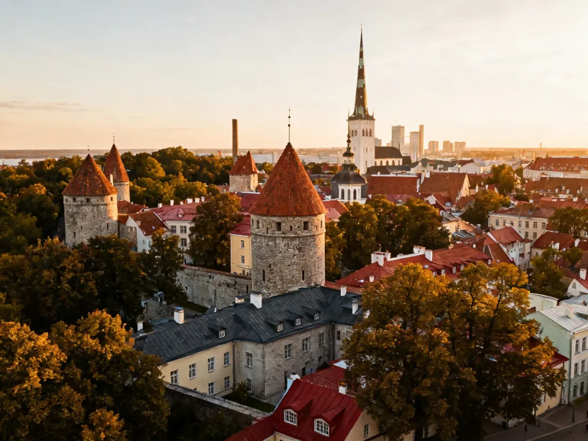 Panorama Tallinna z czerwonymi dachami Starego Miasta i średniowiecznymi basztami