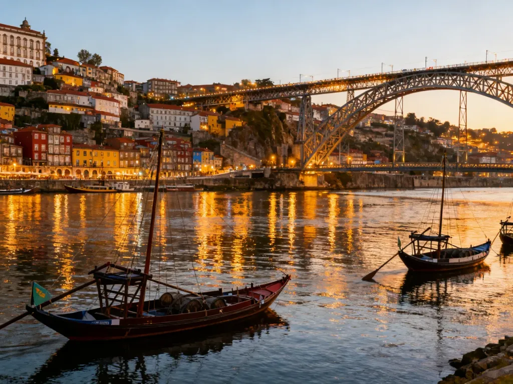 Most Luis I w Porto o zachodzie słońca z widokiem na kolorowe kamienice dzielnicy Ribeira i rzekę Duero.