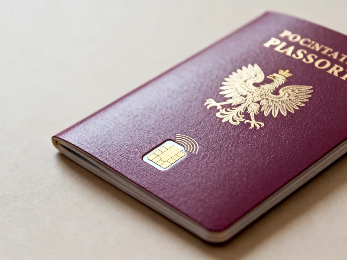 Przednia okładka polskiego paszportu biometrycznego z widocznym symbolem chipa