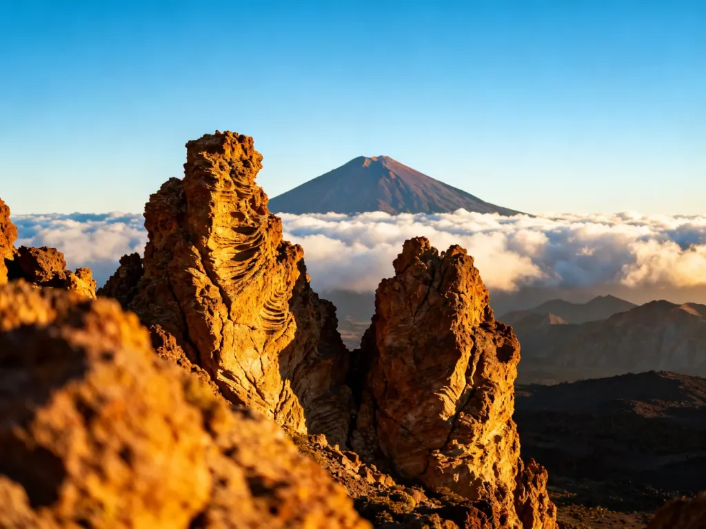 Wulkaniczny krajobraz Teneryfy z formacjami skalnymi na pierwszym planie i majestatycznym szczytem Teide w tle.