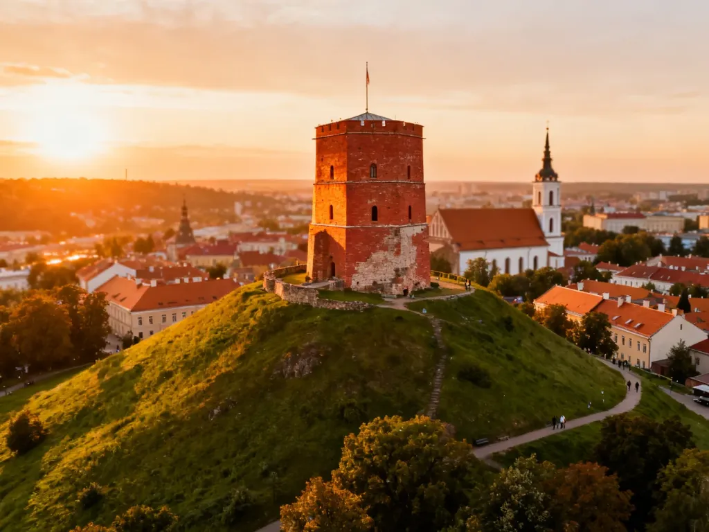 Wieża Giedymina w Wilnie o zachodzie słońca z widokiem na panoramę historycznego Starego Miasta.