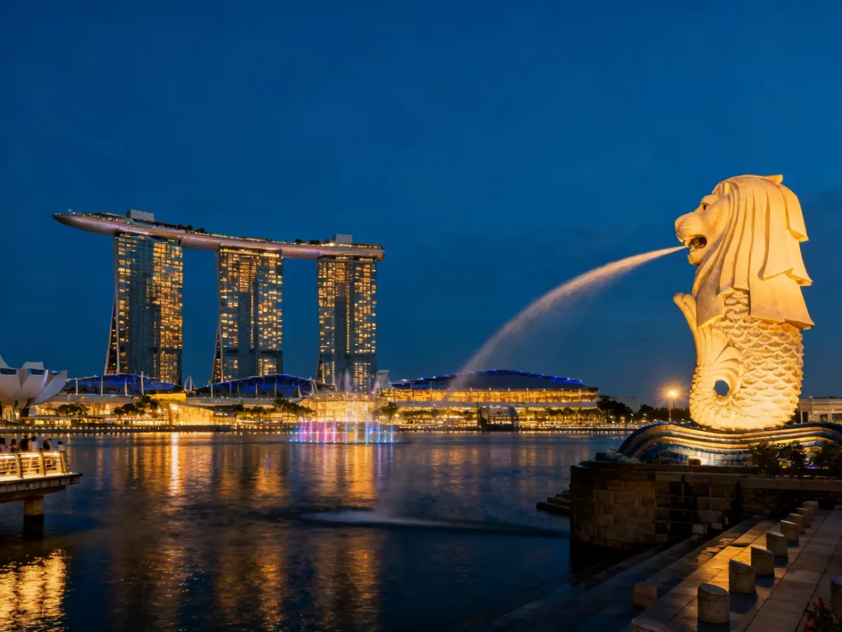 Oświetlona Marina Bay z kompleksem Marina Bay Sands i posągiem Merliona