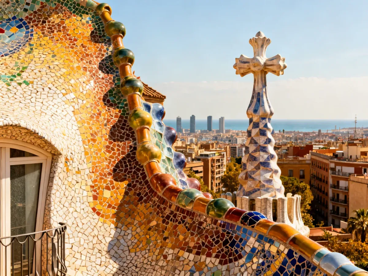 Modernist Gaudí-inspired architecture in Barcelona with colorful mosaics