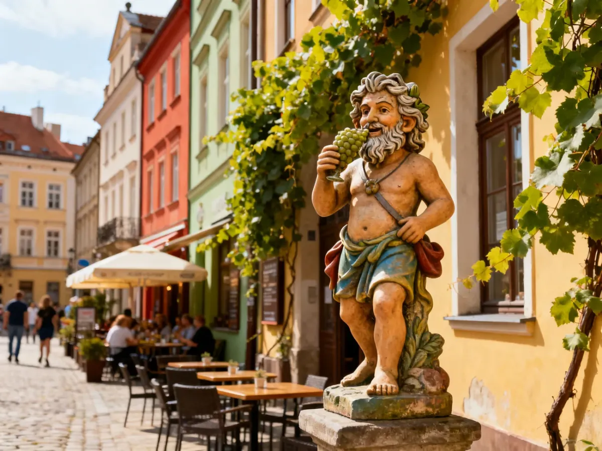 Bachusik statue on a historic street in Zielona Góra