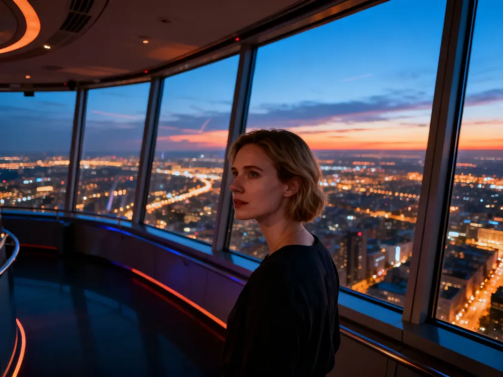 Kobieta podziwiająca panoramę miasta z punktu widokowego Sky Tower podczas zachodu słońca.