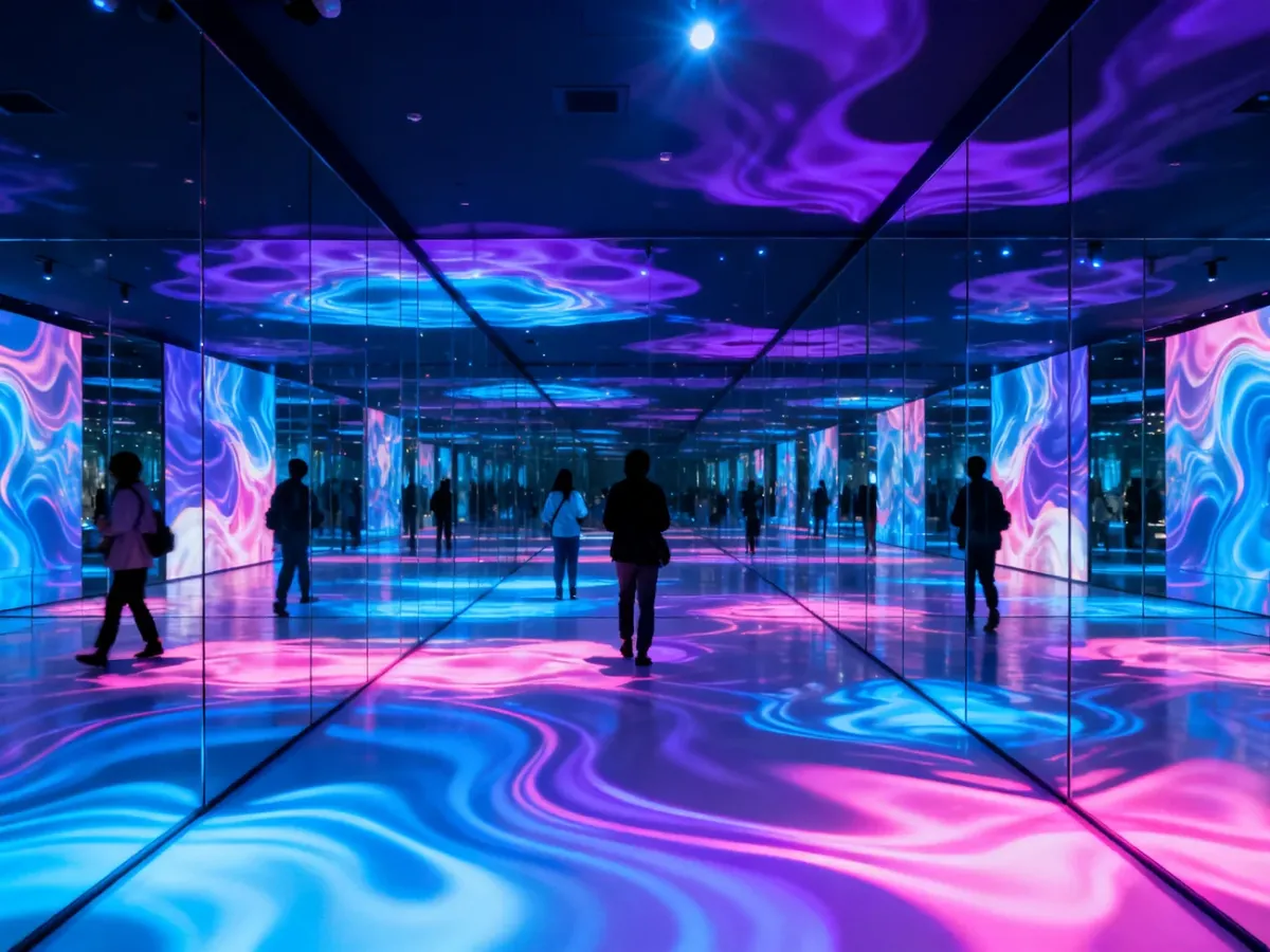 Zwiedzający w kolorowej, immersyjnej instalacji świetlnej w muzeum teamLab