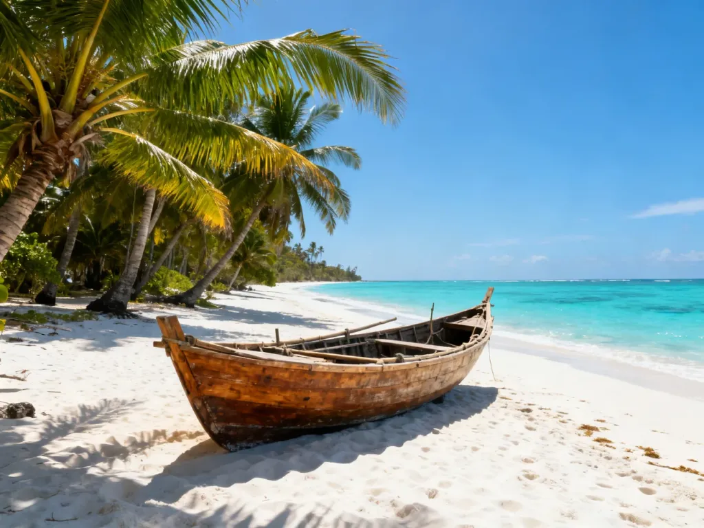 Piaszczysta plaża na Zanzibarze z tradycyjną łodzią dhow, turkusową wodą i palmami w słoneczny dzień.