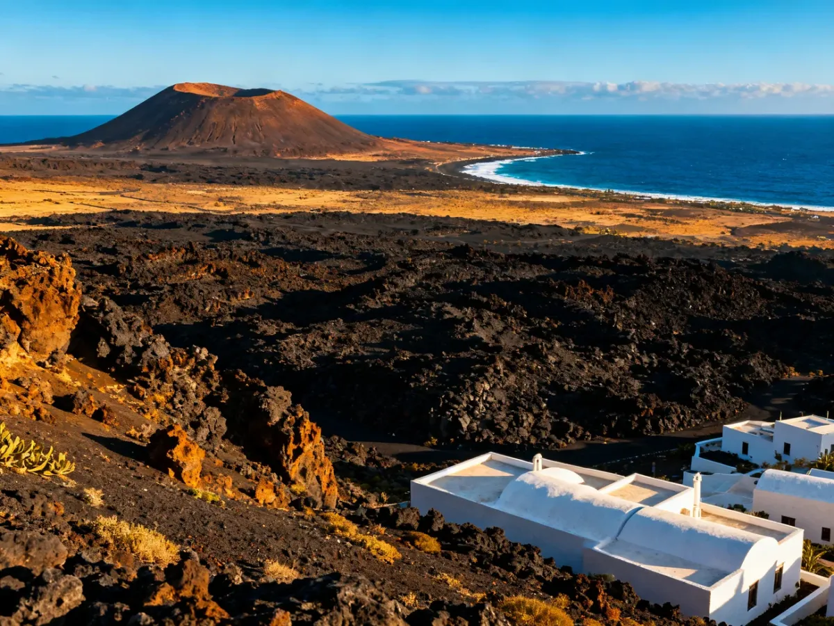 Panoramiczny krajobraz Lanzarote z polami lawowymi, wulkanem i oceanem