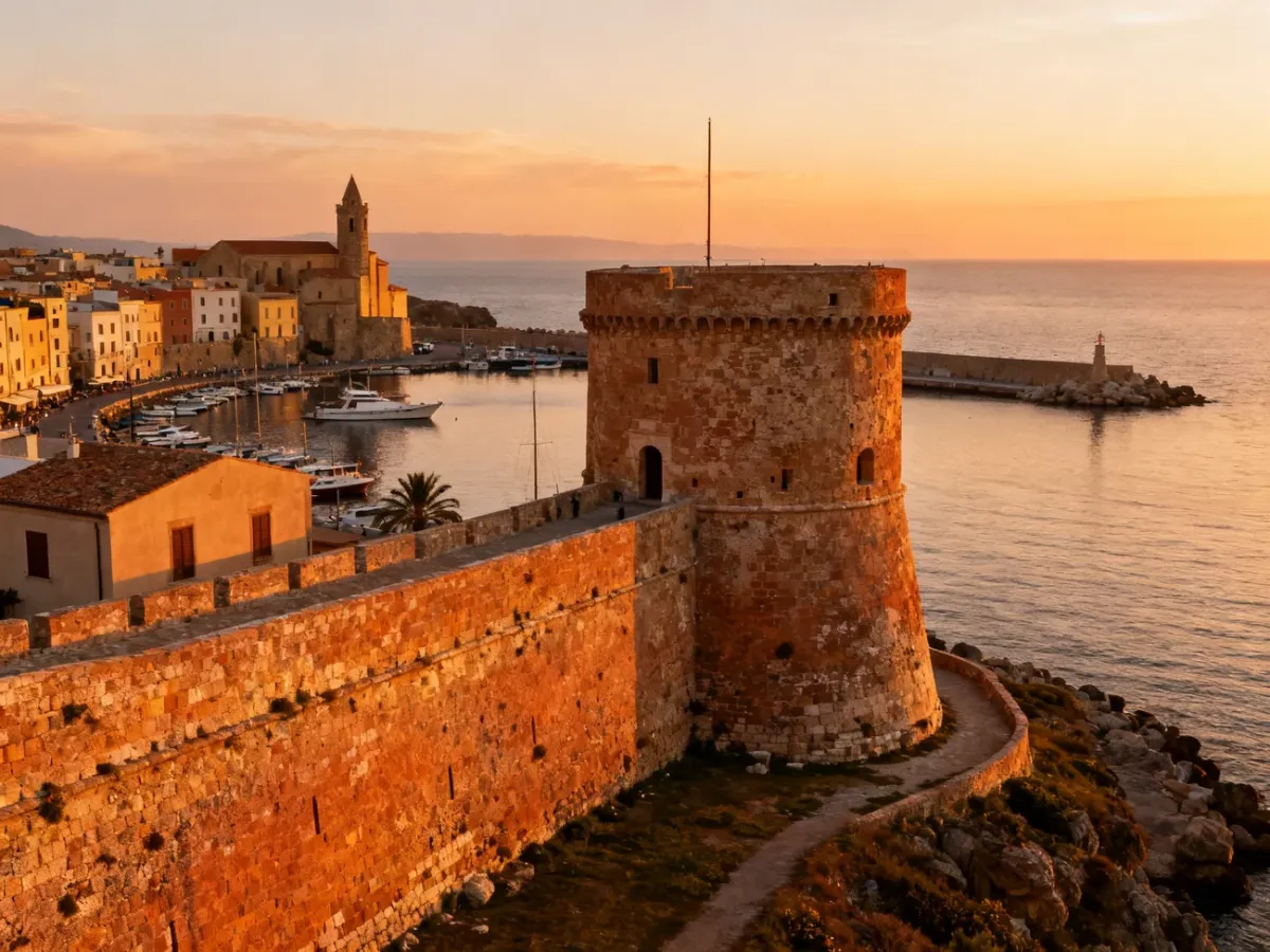Bastiony Alghero i Torre di Sulis nad morzem o zachodzie słońca