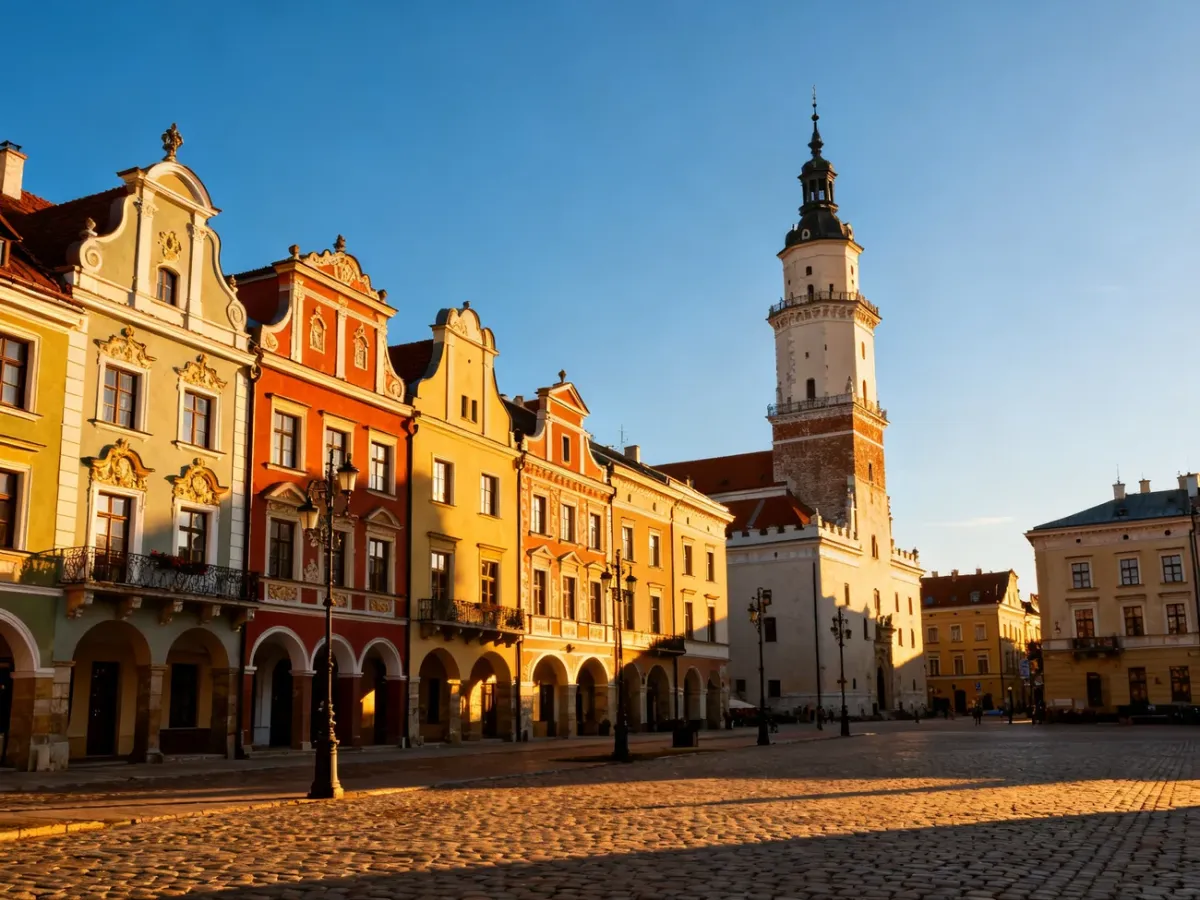 Historyczny rynek w Tarnowie z kolorowymi kamienicami i wieżą ratuszową w promieniach zachodzącego słońca.