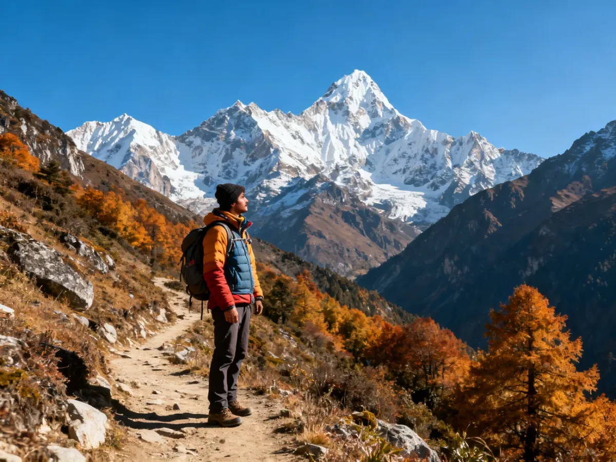Trekking w Himalajach Nepalu jesienią z widokiem na ośnieżone szczyty