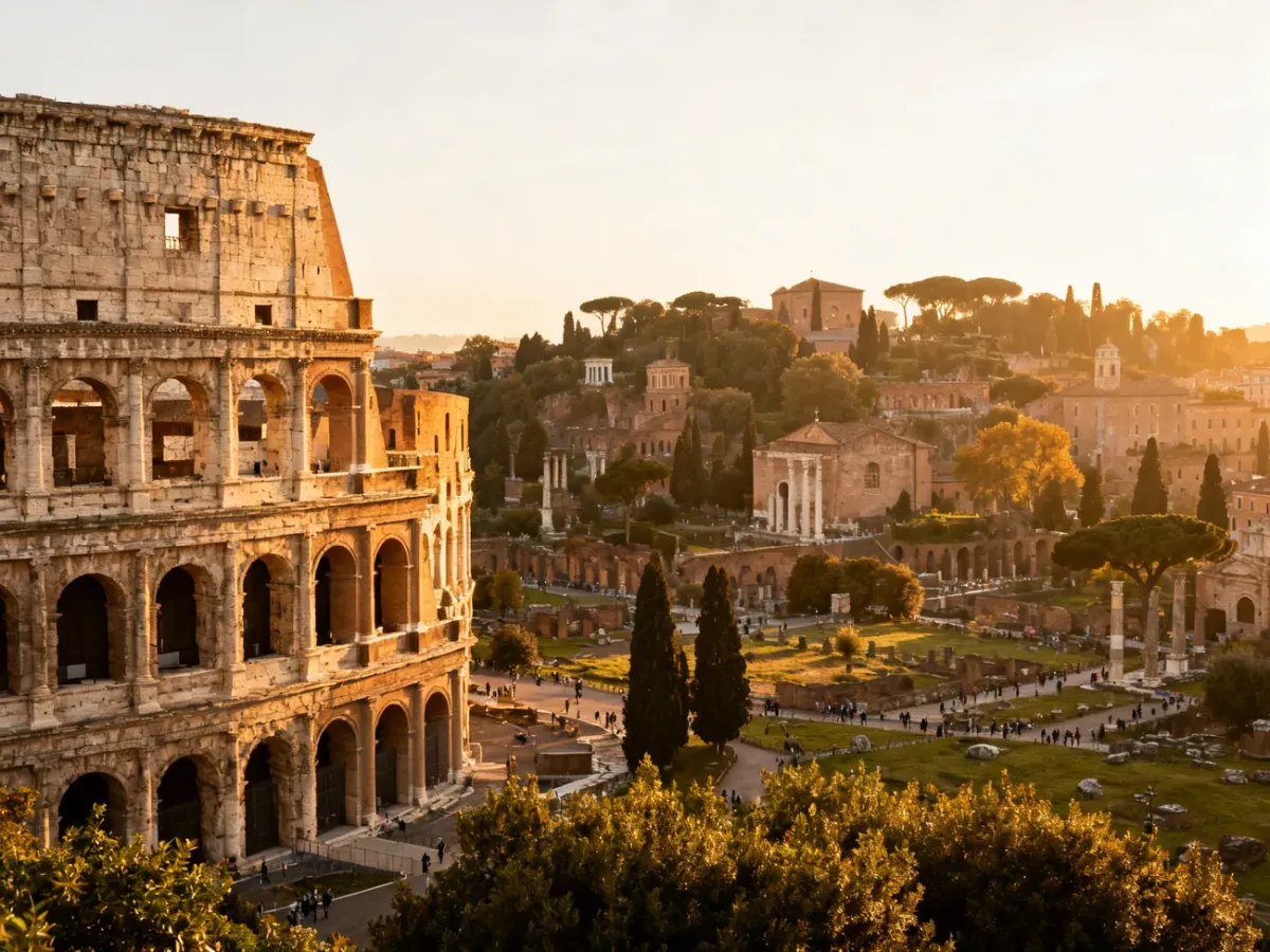 Panoramiczny widok Koloseum, Forum Romanum i Palatynu o poranku