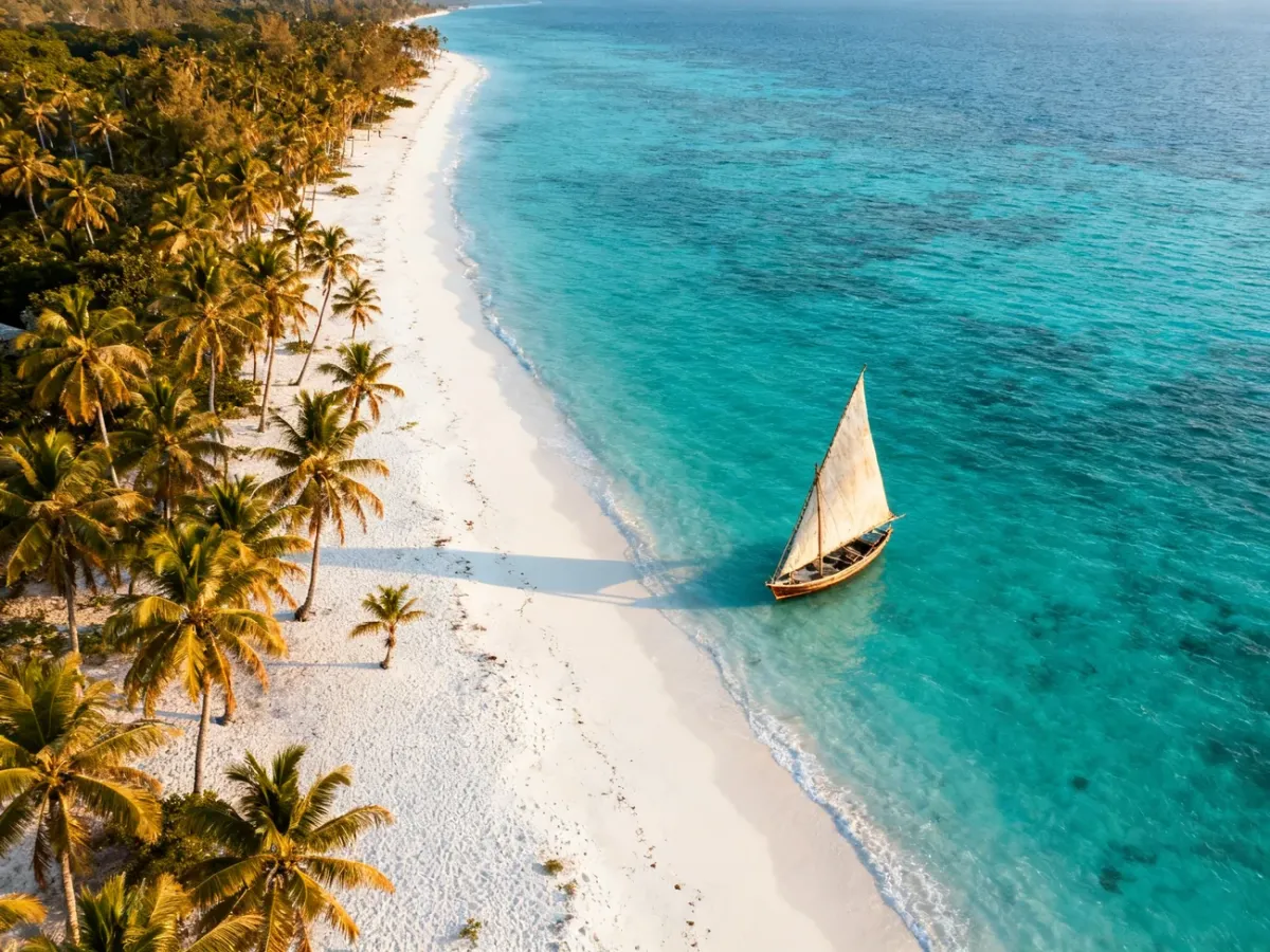 Tropikalna plaża Zanzibaru z turkusowym oceanem i palmami