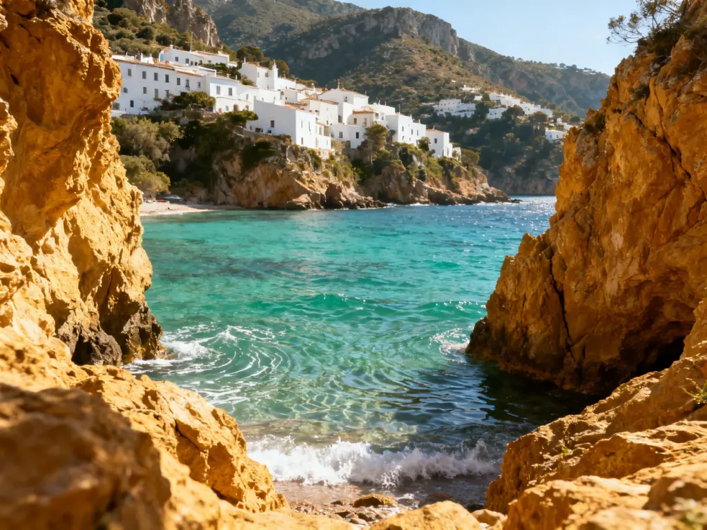Malownicza zatoka na Costa Brava z turkusową wodą, złotymi klifami i białym miasteczkiem na wzgórzu.