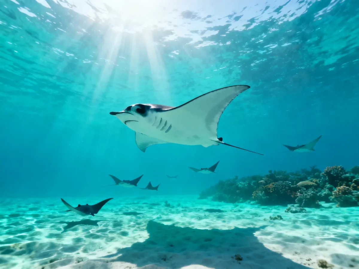 Manta ray swimming above a coral reef in the Maldives