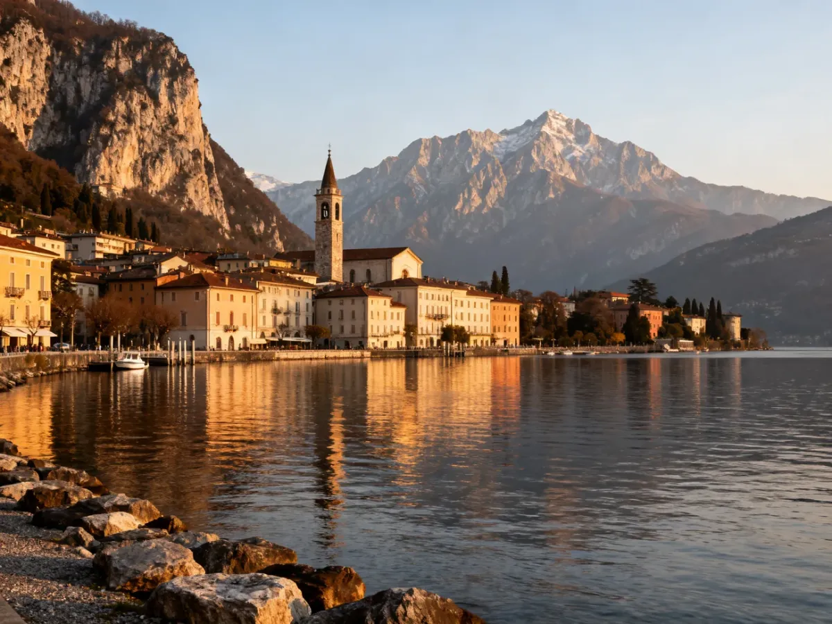 Panorama Lecco nad jeziorem Como z zabudową miasta, dzwonnicą i górami Grigna