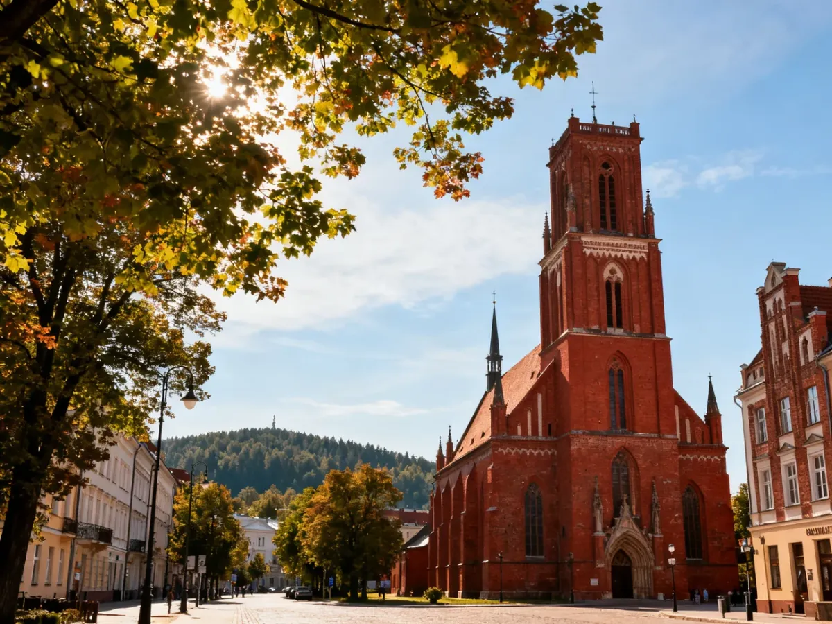 Panorama Koszalina z gotycką katedrą i zalesioną Górą Chełmską w tle