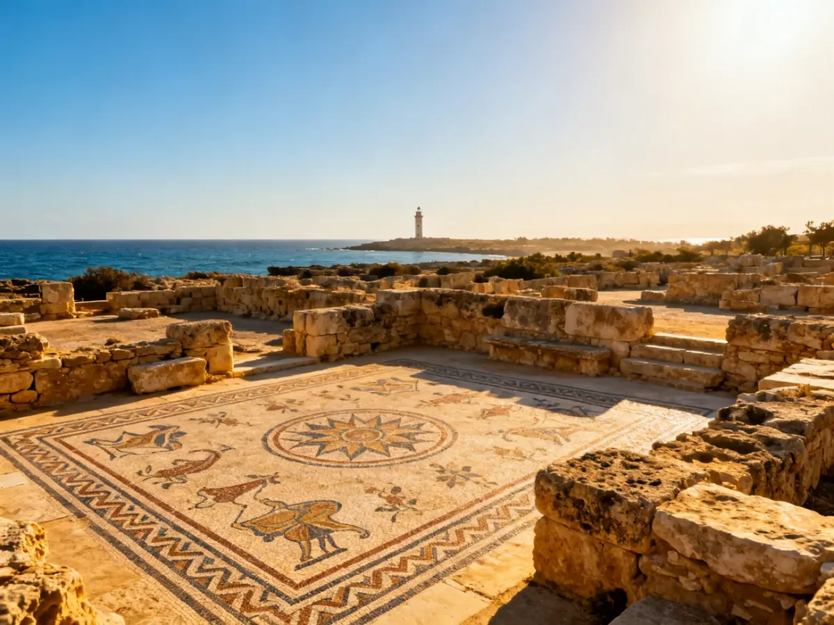 Ruiny Parku Archeologicznego Nea Pafos z antycznymi mozaikami i widokiem na wybrzeże