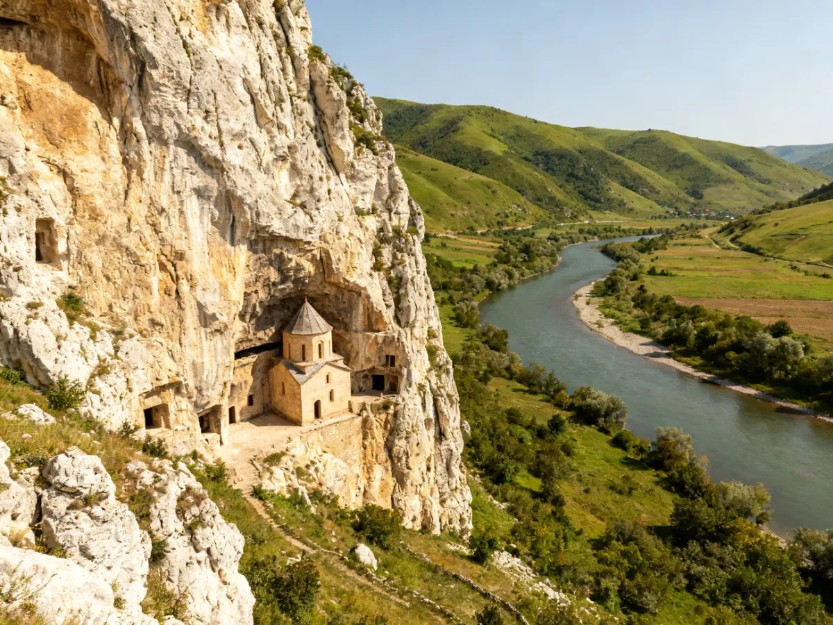 Skalny monastyr Orheiul Vechi nad doliną rzeki Răut