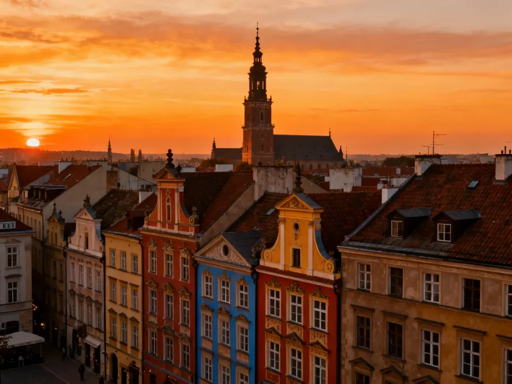Kolorowe kamienice wrocławskiego Rynku o zachodzie słońca z widoczną wieżą ratusza w tle.