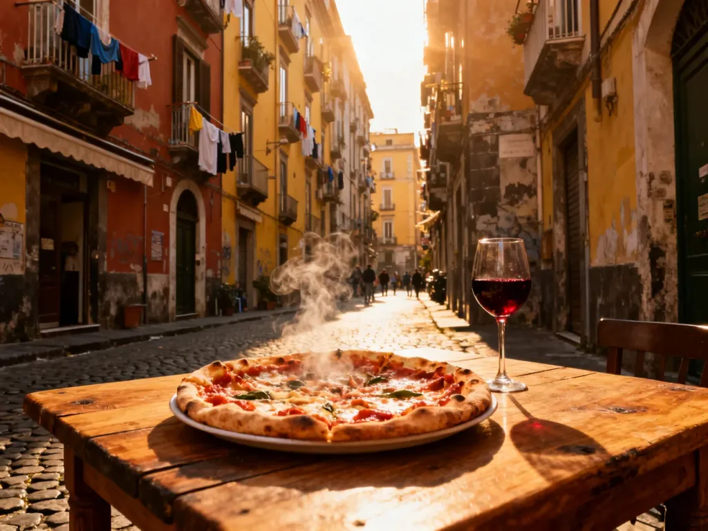 Wąska, klimatyczna uliczka w Neapolu z autentyczną pizzą i winem na pierwszym planie oraz kolorowymi kamienicami w tle.