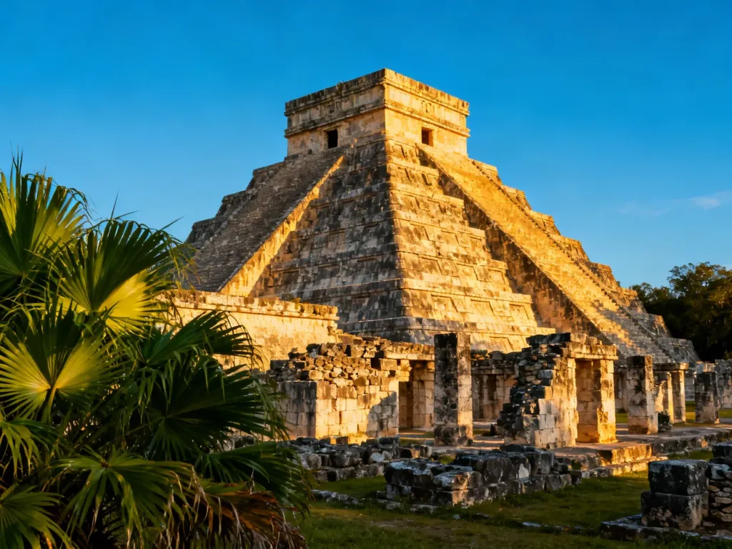 Majestatyczna piramida Majów w Chichén Itzá w pełnym słońcu, otoczona bujną tropikalną roślinnością.