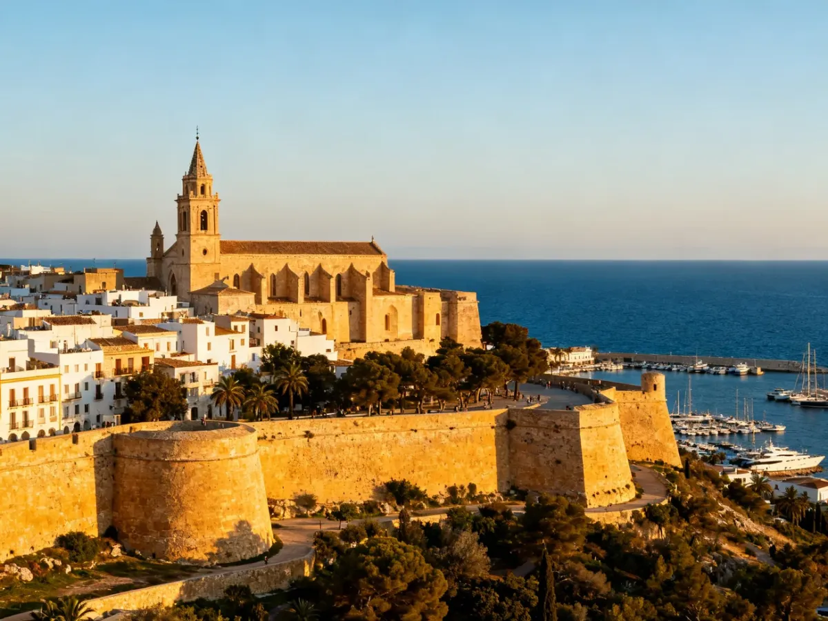 Panorama Dalt Vila z katedrą, murami obronnymi i widokiem na port Ibizy