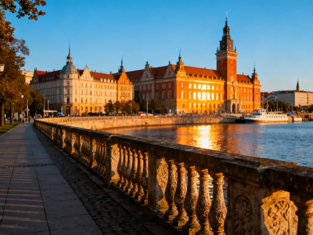 Widok na Wały Chrobrego w Szczecinie podczas złotej godziny, ukazujący zabytkową architekturę nad brzegiem Odry.