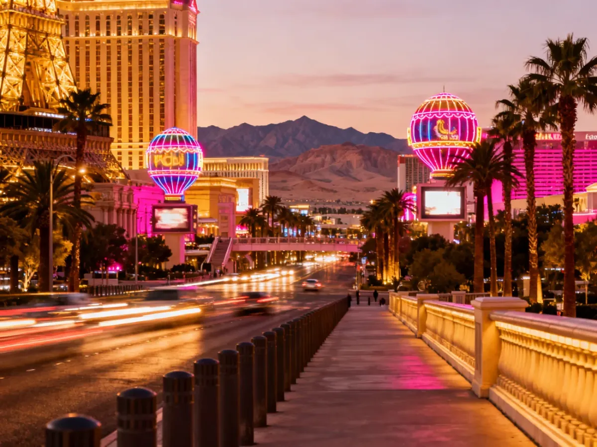Las Vegas Strip o zmierzchu z neonami, hotelami i palmami