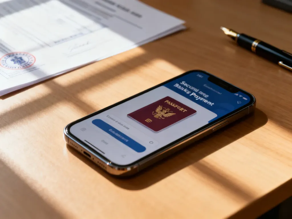 Smartfon z otwartą aplikacją bankową na drewnianym biurku, symbolizujący proces dokonywania opłaty za paszport.