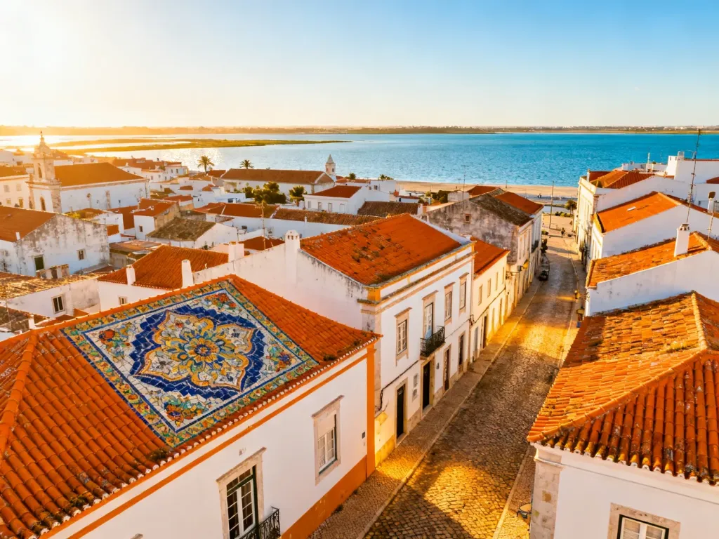 Panoramiczny widok na stare miasto w Faro z białymi domami, pomarańczowymi dachami i błękitną laguną Ria Formosa w tle.