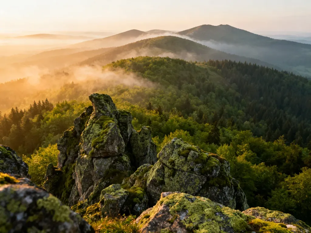Panoramiczny widok na Góry Świętokrzyskie o wschodzie słońca z charakterystycznymi gołoborzami na pierwszym planie.
