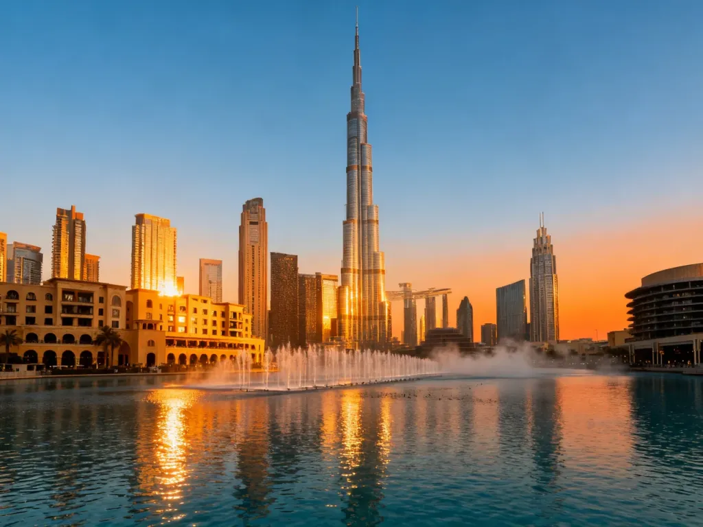 Panorama Dubaju o zachodzie słońca z górującym wieżowcem Burj Khalifa i efektowną fontanną na pierwszym planie.
