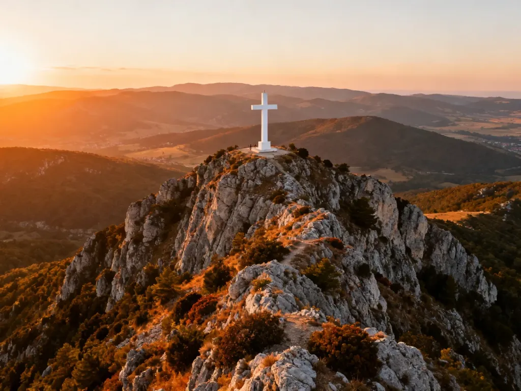 Panoramiczny widok na górę Križevac z białym krzyżem na szczycie w świetle zachodzącego słońca.