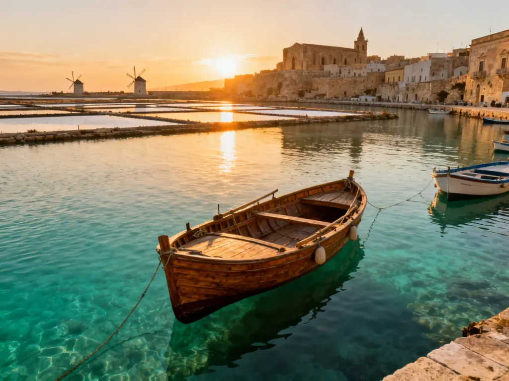 Panoramiczny widok na zabytkowy port w Trapani o zachodzie słońca z tradycyjnymi łodziami rybackimi na turkusowej wodzie.