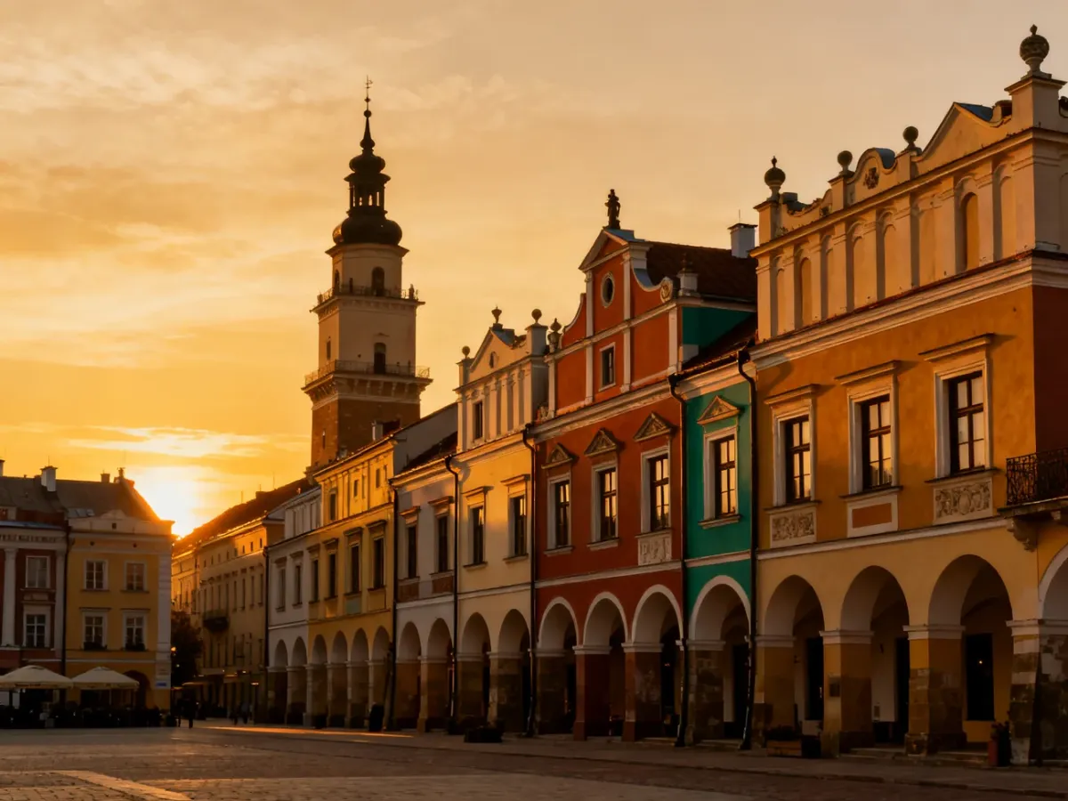 Wielki Rynek w Zamościu o zachodzie słońca z charakterystycznymi kolorowymi kamienicami i wieżą ratuszową w tle.