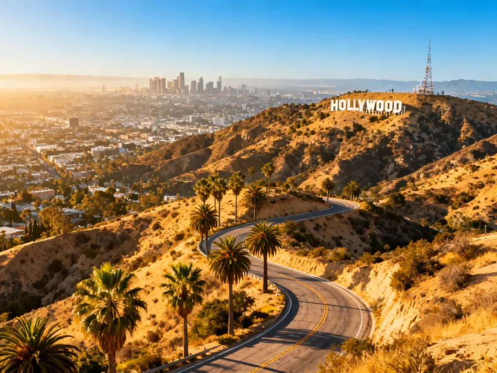 Słynny napis Hollywood na tle wzgórz i panoramy Los Angeles w promieniach słońca.