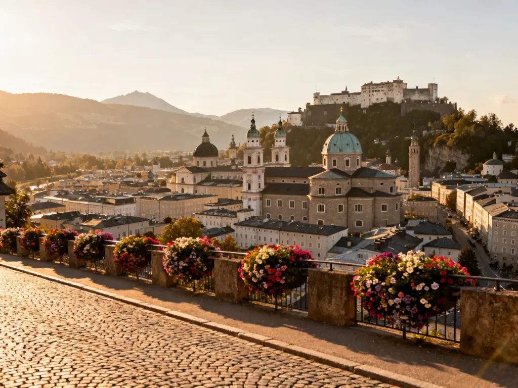 Panoramiczny widok na stare miasto w Salzburgu z katedrą i twierdzą w tle, skąpane w ciepłym świetle zachodzącego słońca.