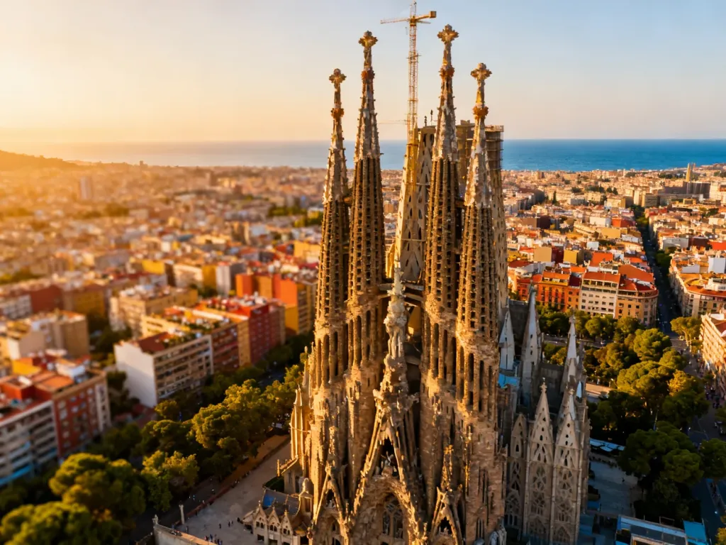 Widok z góry na bazylikę Sagrada Familia w Barcelonie o zachodzie słońca, z panoramą miasta i morzem w tle.