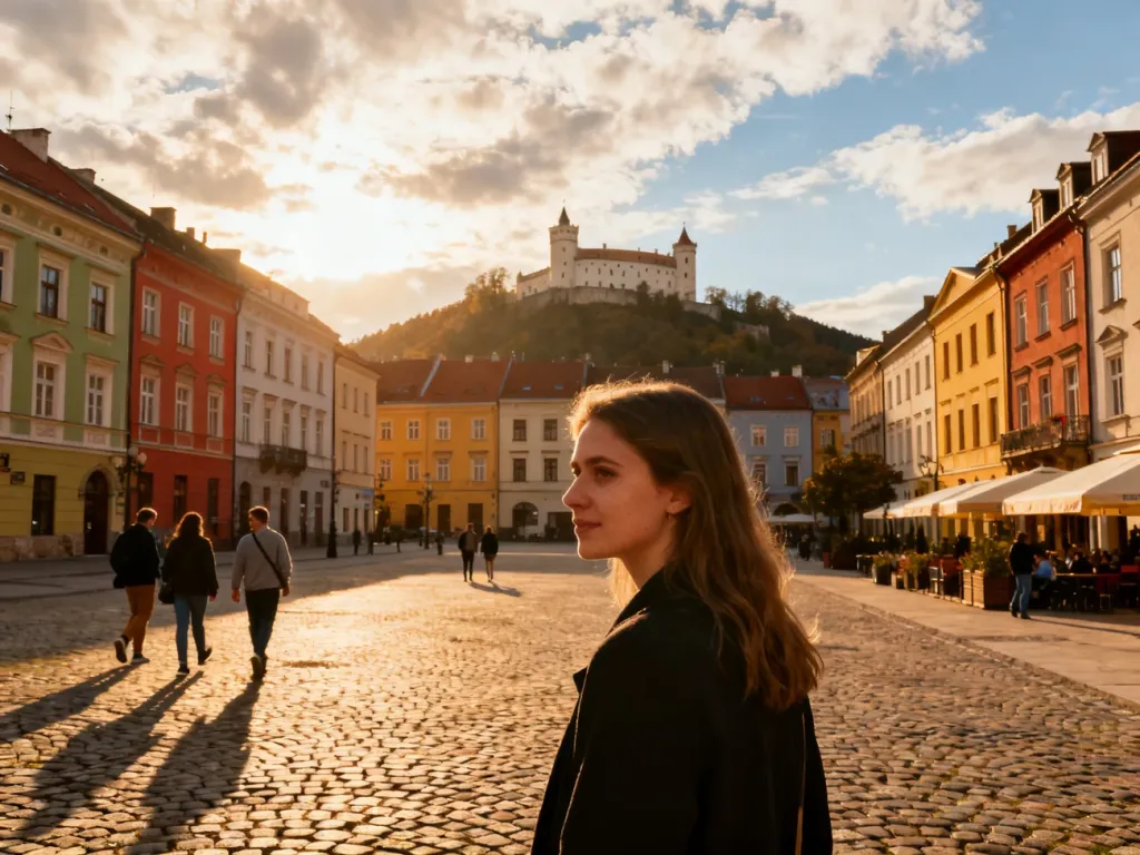 Rynek starego miasta w Bielsku-Białej o złotej godzinie, spacerujący ludzie, kolorowe kamienice i zamek w tle, no text on the picture