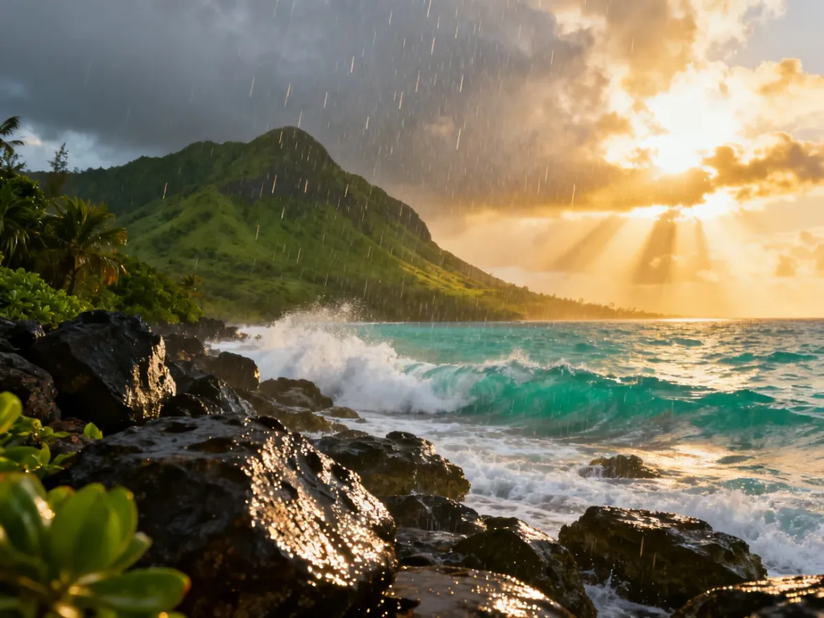 Mauritius coastline beneath changing tropical weather