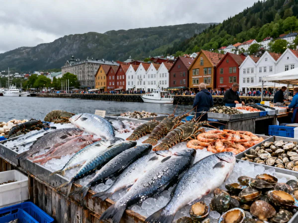 Targ rybny Fisketorget przy porcie w Bergen na tle kolorowych budynków Bryggen