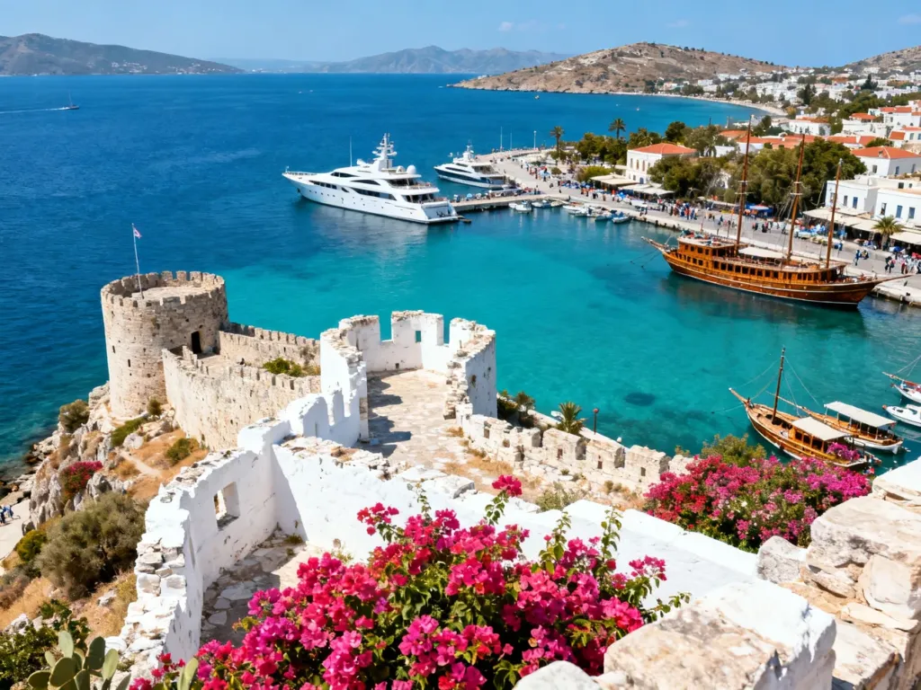 Widok z lotu ptaka na zamek w Bodrum, turkusowe morze oraz port pełen jachtów i tradycyjnych łodzi gulet.