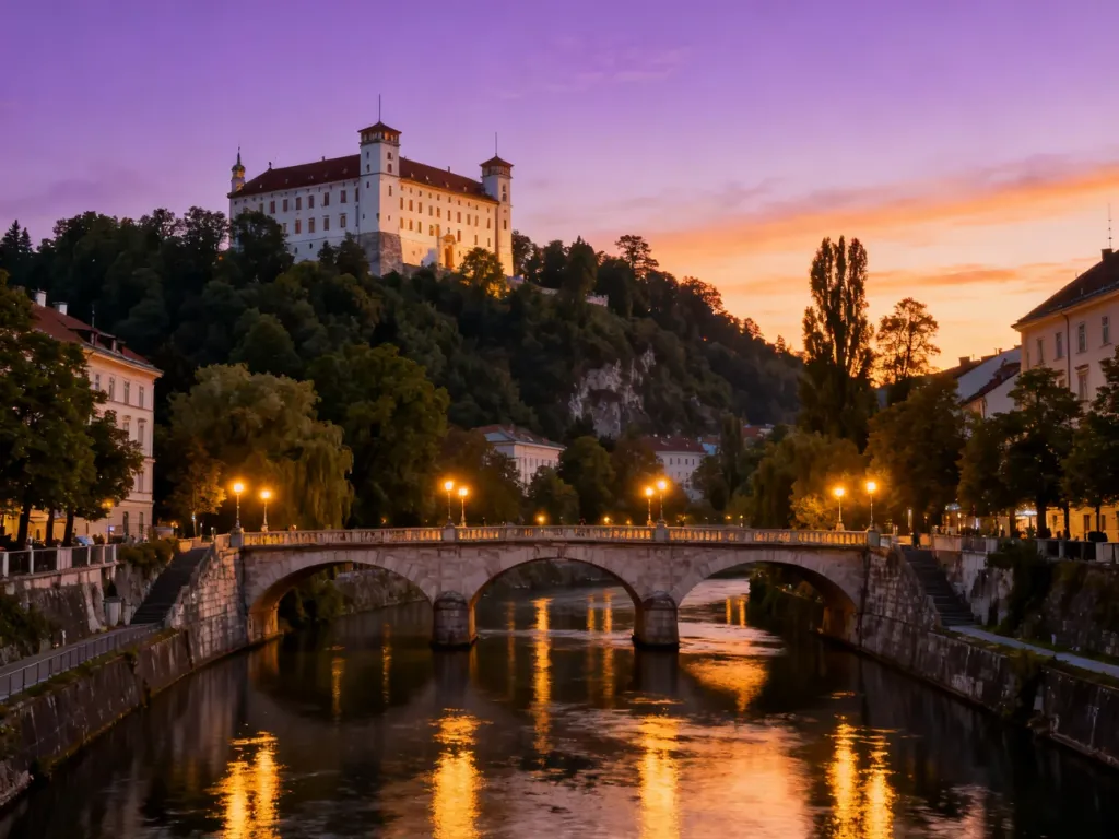 Potrójny Most w Lublanie o zachodzie słońca z widocznym w tle zamkiem, odbijający się w wodach rzeki Ljubljanicy.